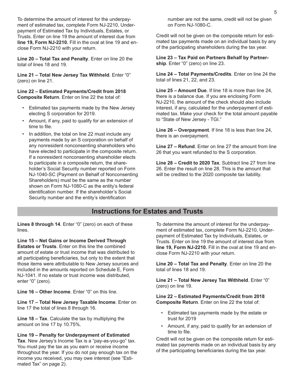 Instructions for Form NJ-1080-C, NJ-1080E Nonresident Composite Return - New Jersey, Page 5