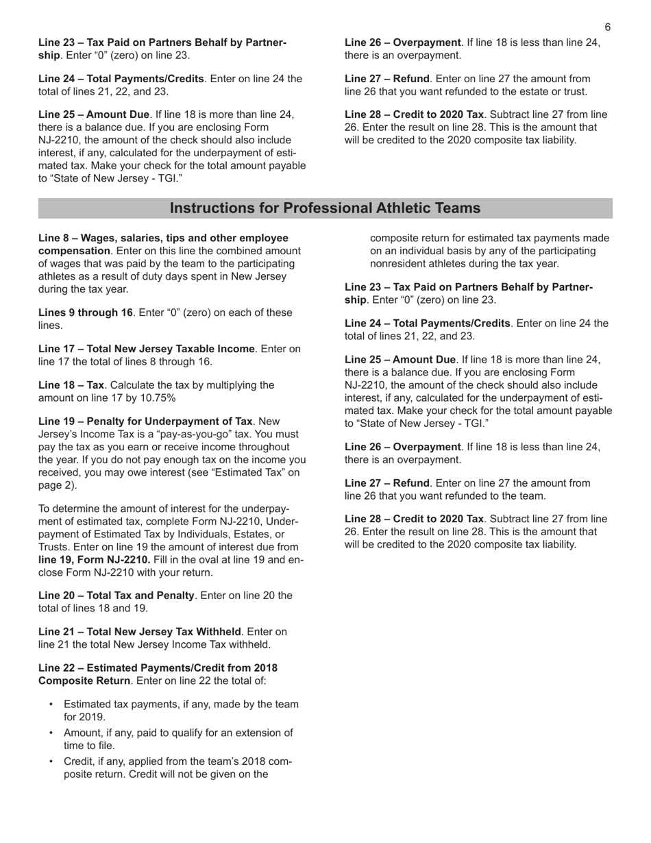 Instructions for Form NJ-1080-C, NJ-1080E Nonresident Composite Return - New Jersey, Page 6