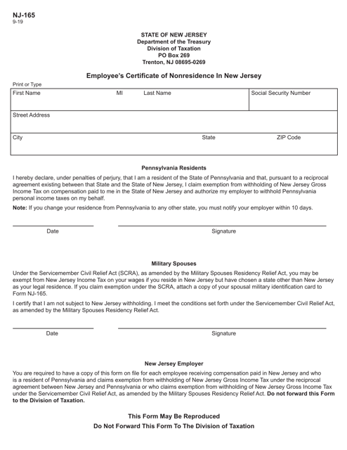 Form NJ-165 Employee's Certificate of Non-residence in New Jersey - New Jersey