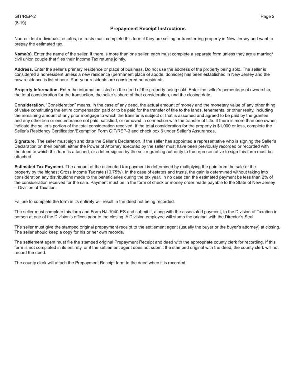 Form GIT / REP-2 Nonresident Sellers Tax Prepayment Receipt - New Jersey, Page 2