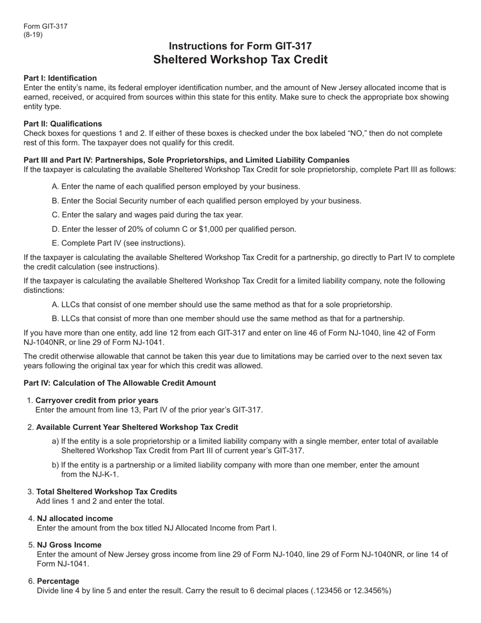 Form GIT-317 Sheltered Workshop Tax Credit - New Jersey, Page 3