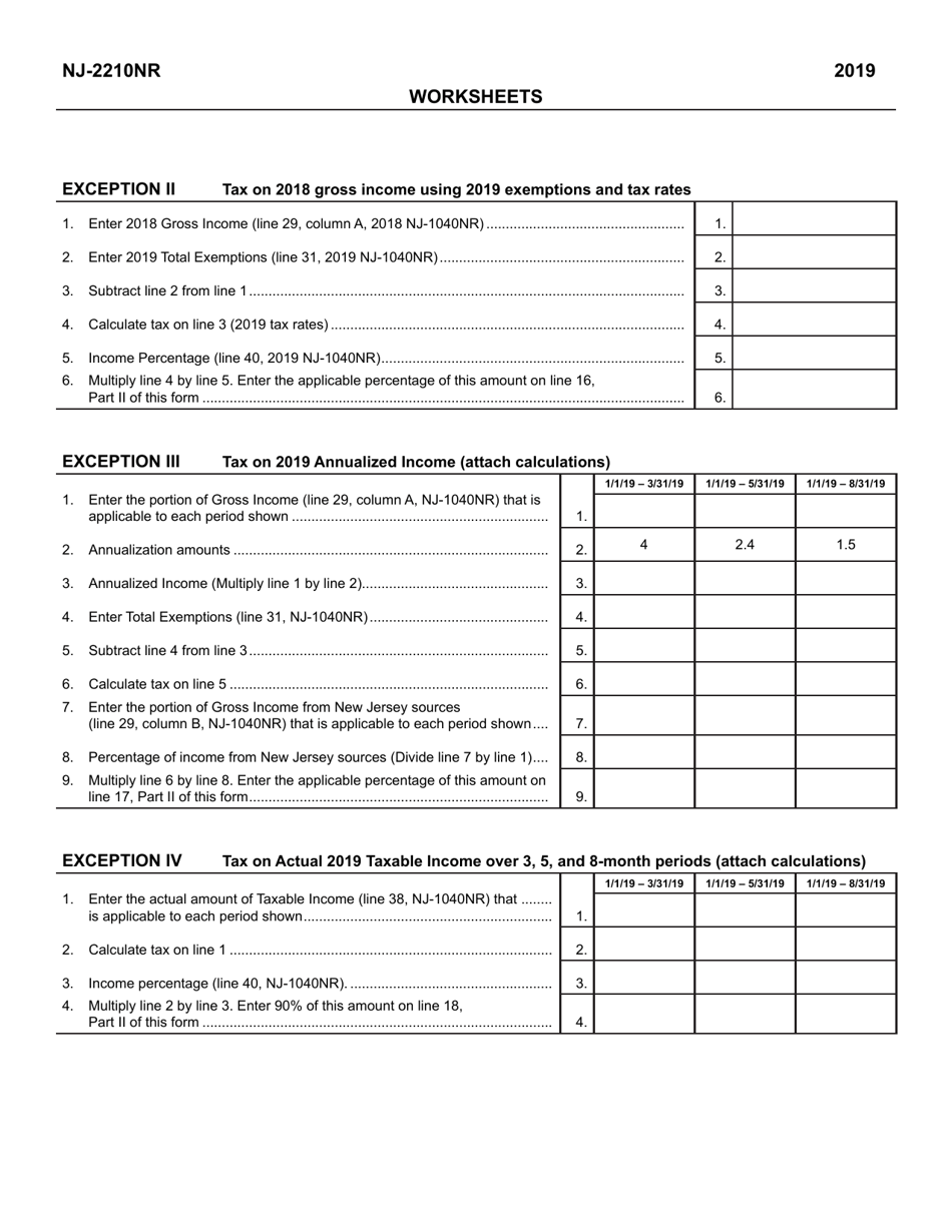 Form NJ-2210NR Underpayment of Estimated Tax by Nonresident Individuals - New Jersey, Page 2