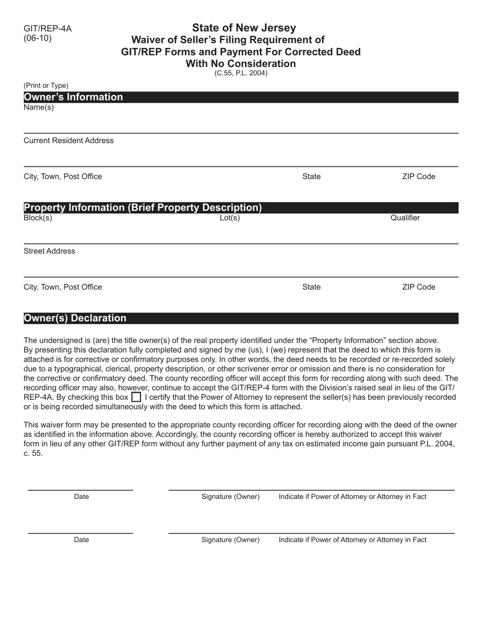 Form GIT / REP-4A Waiver of Sellers Filing Requirement of Git / Rep Forms and Payment for Corrected Deed With No Consideration - New Jersey, Page 1