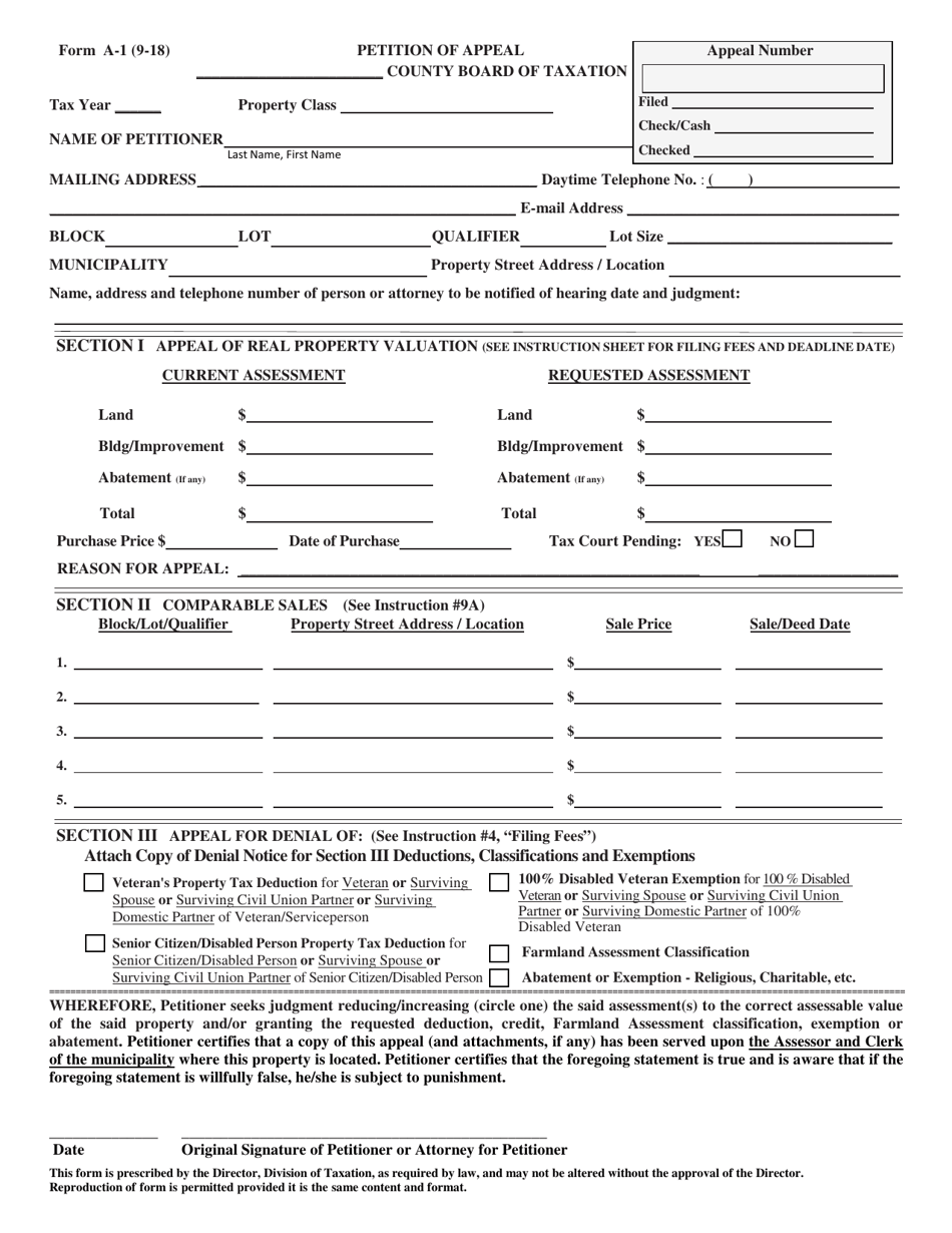 Form A-1 Petition of Appeal - New Jersey, Page 1