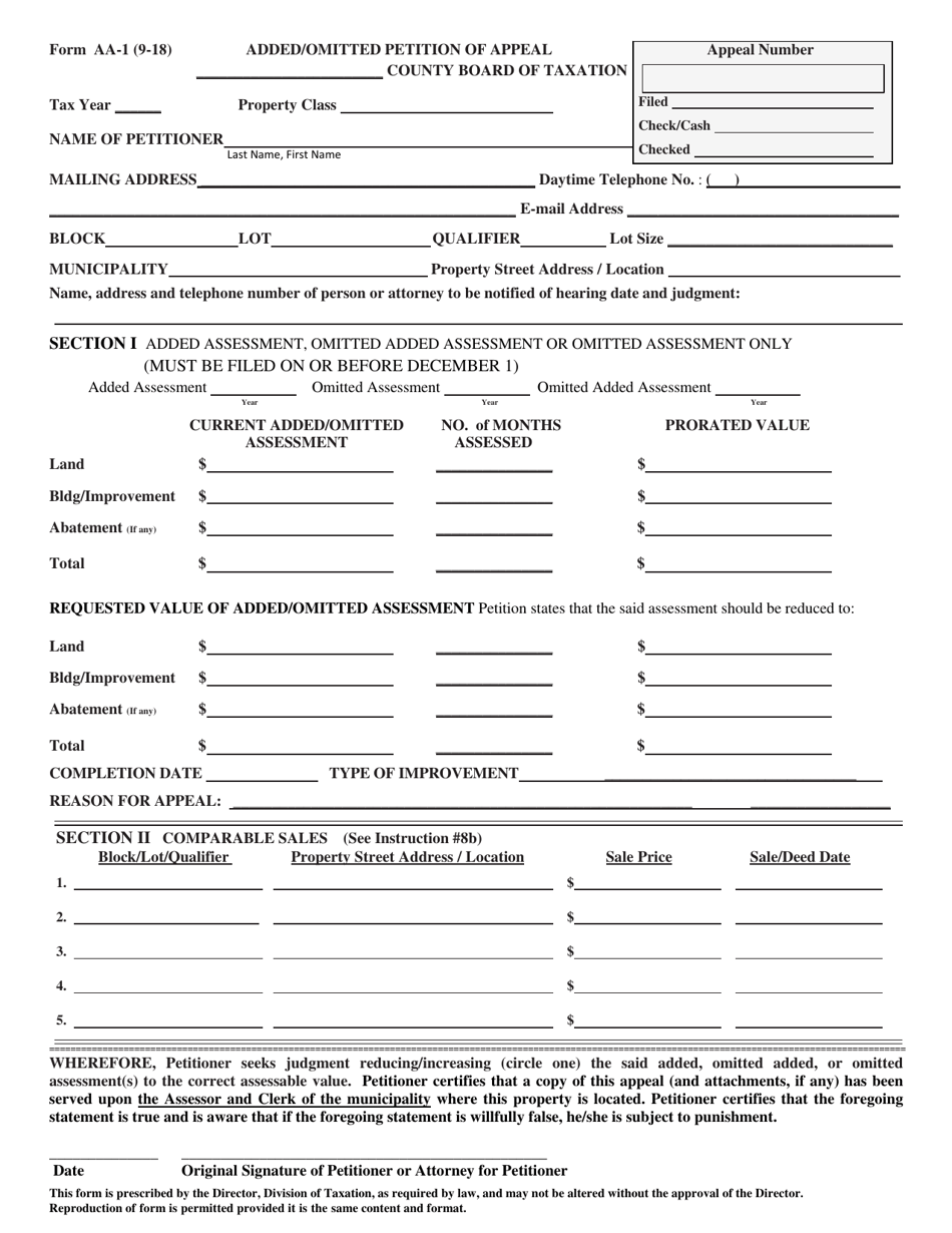 Form AA-1 Added/Omitted Petition of Appeal - New Jersey, Page 1