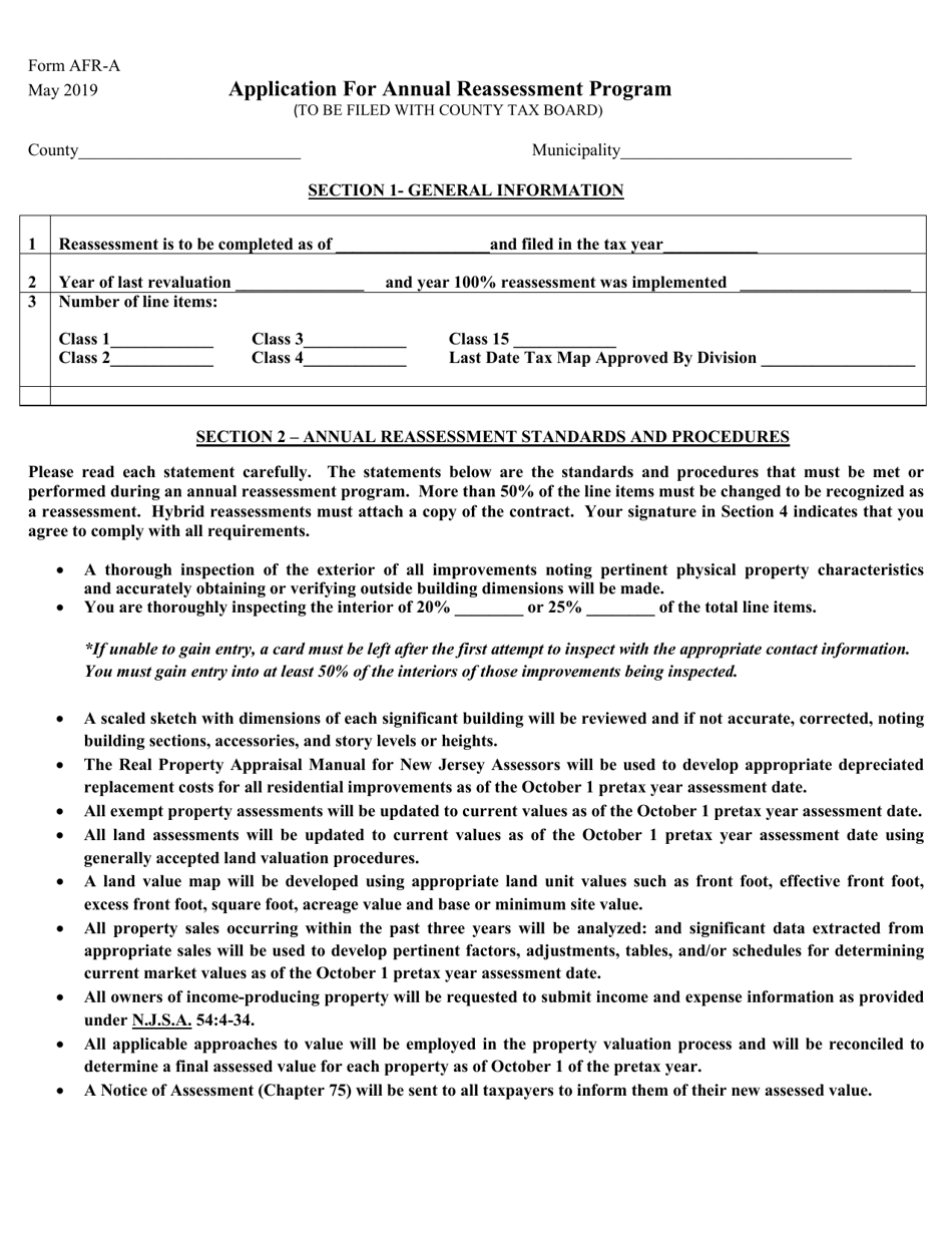 Form AFR-A Application for Annual Reassessment Program - New Jersey, Page 1