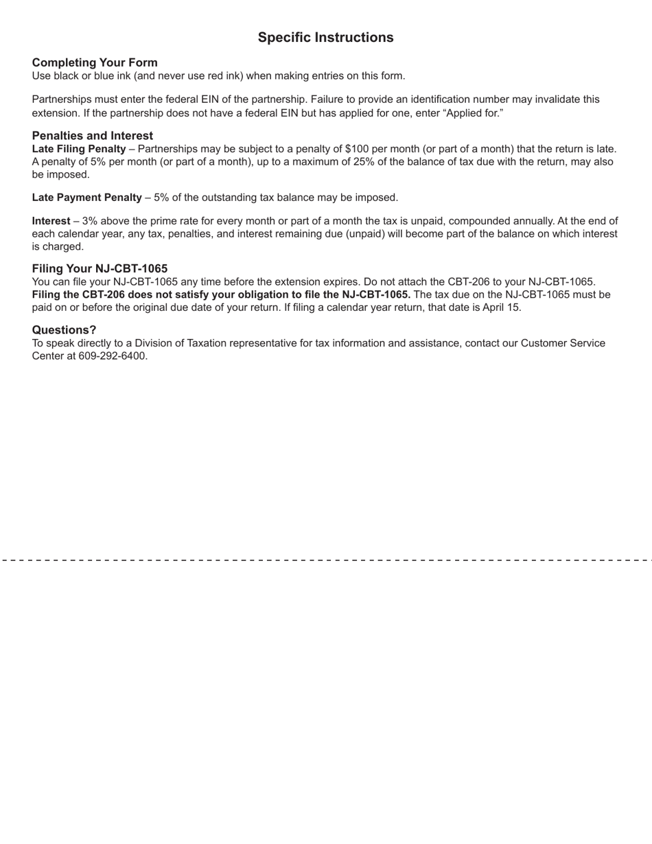 Form CBT-206 Partnership Application for Extension of Time to File Form Nj-Cbt-1065 - New Jersey, Page 2