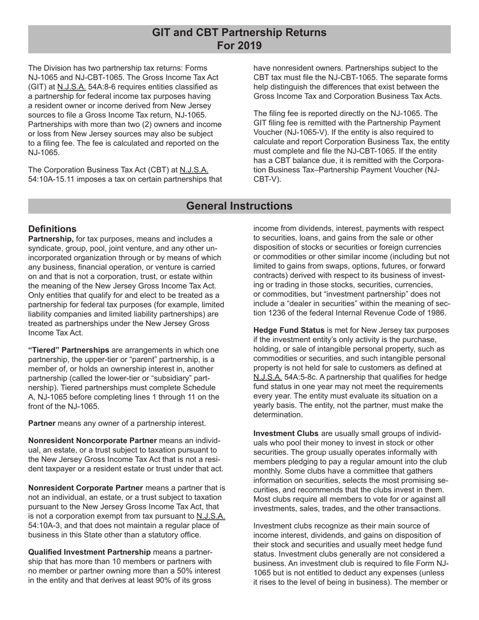 Instructions for Form NJ-CBT-1065 New Jersey Partnership Return Corporation Business Tax - New Jersey, Page 1