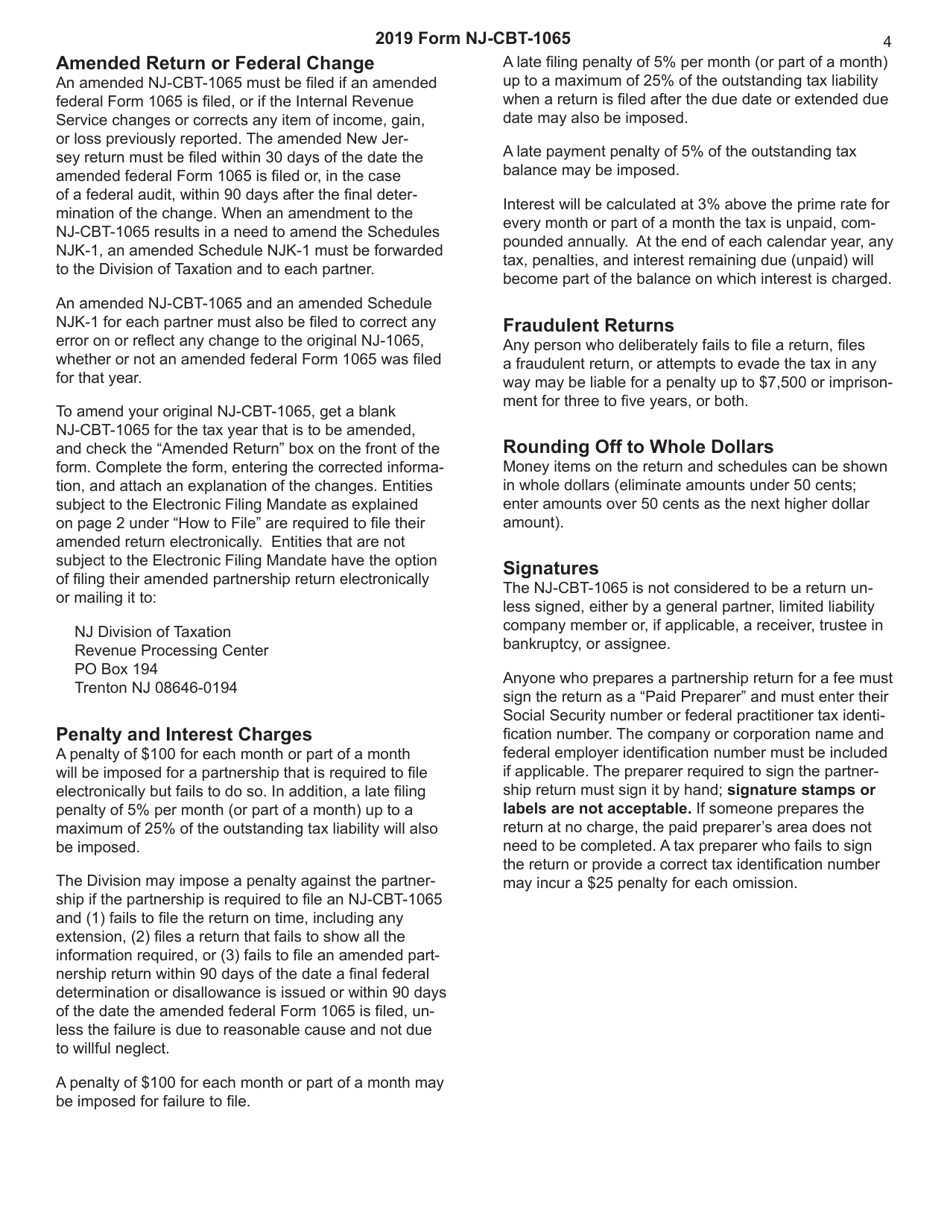 Instructions for Form NJ-CBT-1065 New Jersey Partnership Return Corporation Business Tax - New Jersey, Page 4