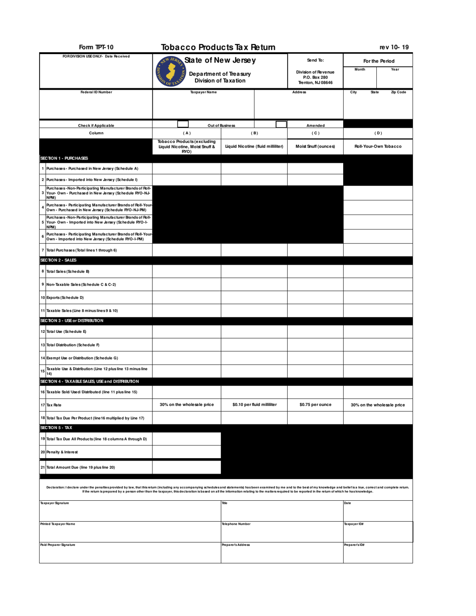 Form TPT10 Download Fillable PDF or Fill Online Tobacco Products Tax