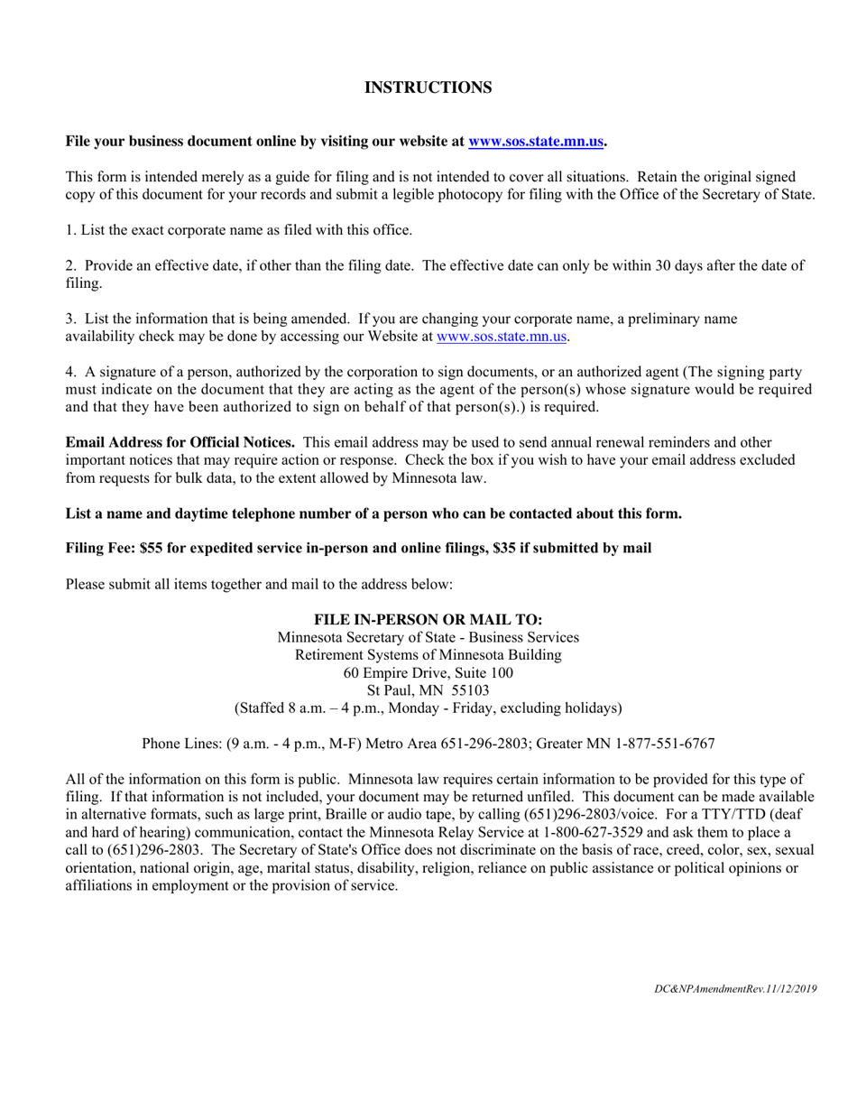 Minnesota Business  Nonprofit Corporations Amendment to Articles of Incorporation - Minnesota, Page 2