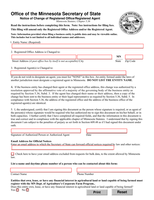 Notice of Change of Registered Office / Registered Agent - Minnesota Download Pdf