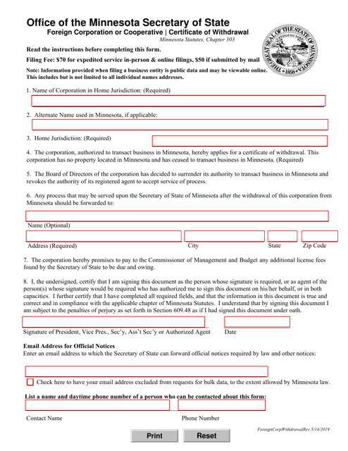 Foreign Corporation or Cooperative Certificate of Withdrawal - Minnesota Download Pdf