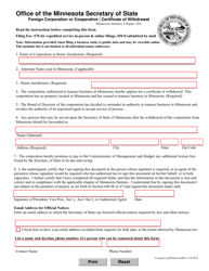 Foreign Corporation or Cooperative Certificate of Withdrawal - Minnesota