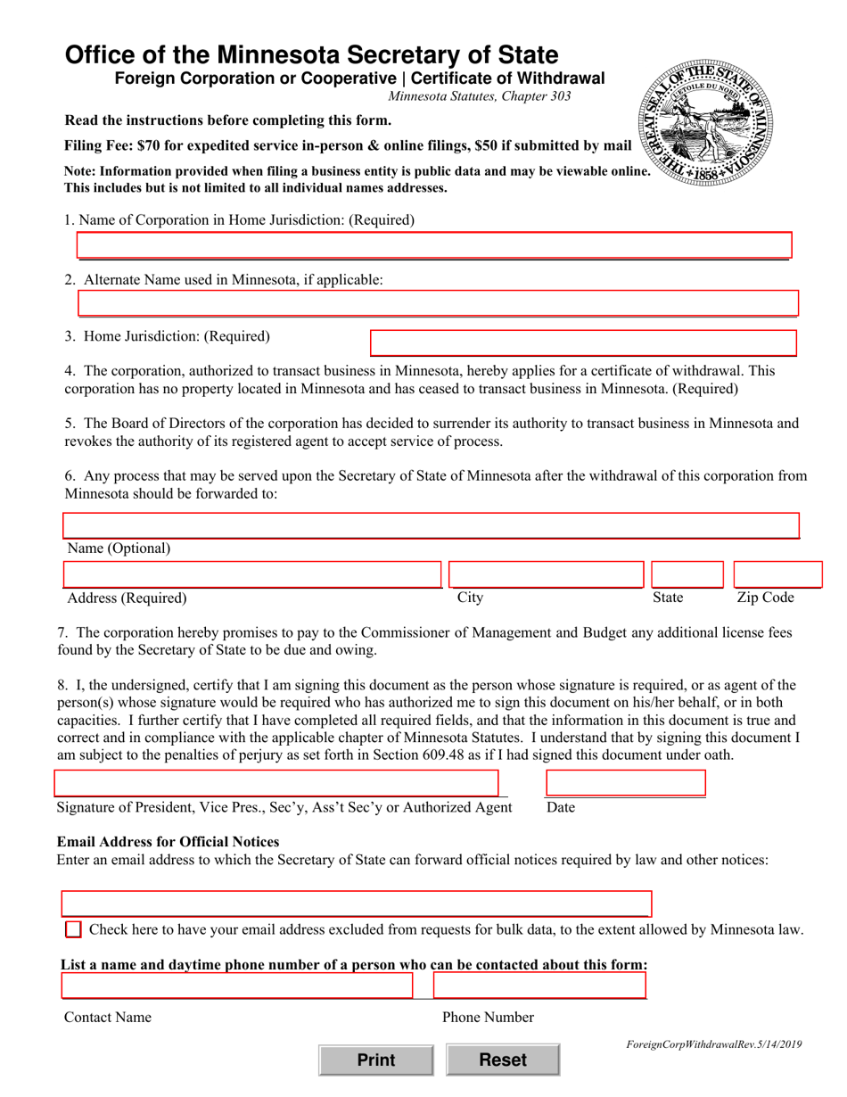 Foreign Corporation or Cooperative Certificate of Withdrawal - Minnesota, Page 1