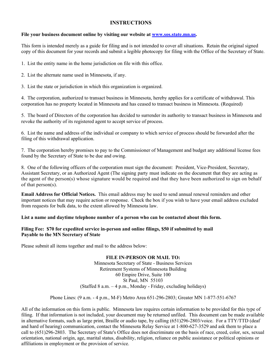 Foreign Corporation or Cooperative Certificate of Withdrawal - Minnesota, Page 2