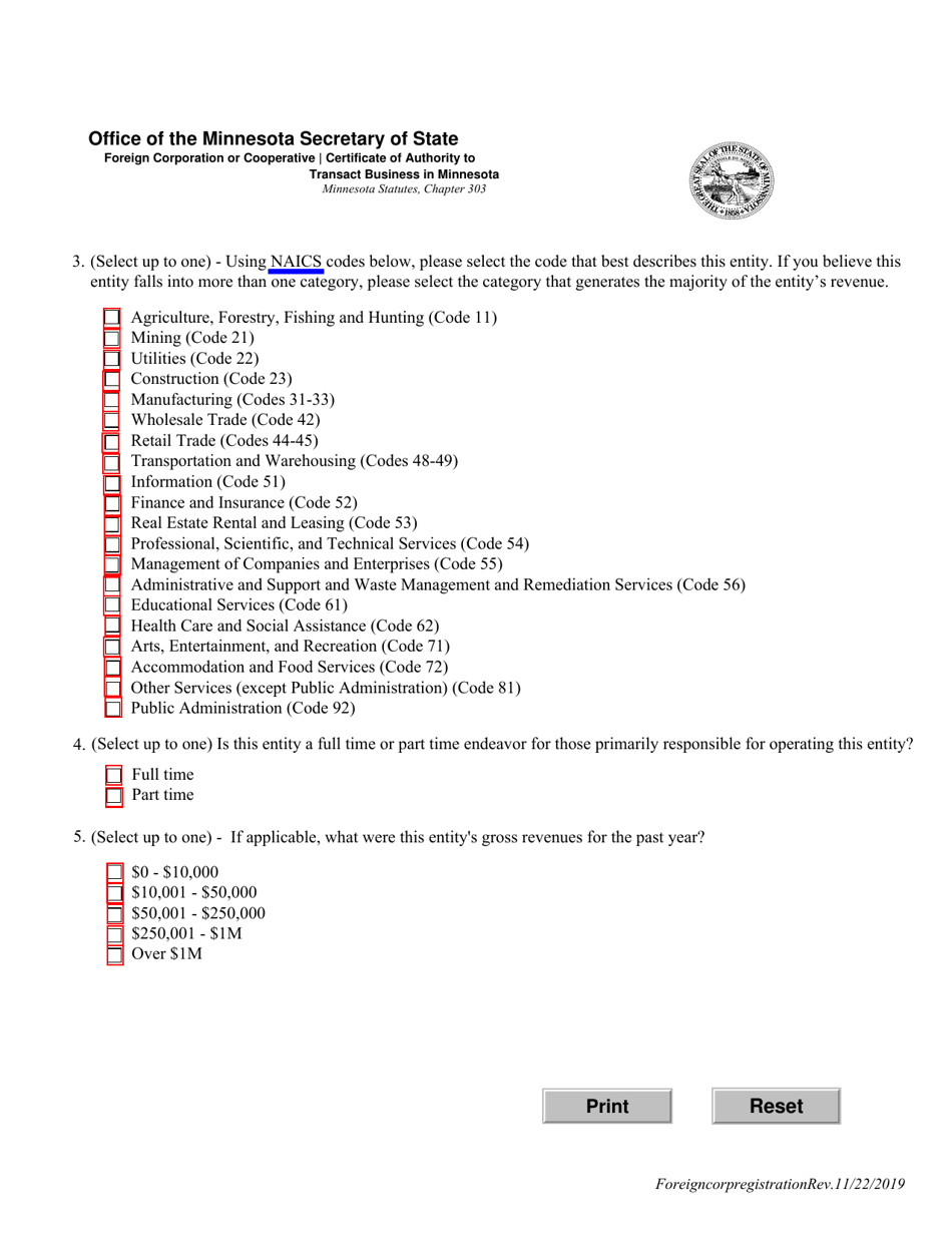 Foreign Corporation or Cooperative Certificate of Authority to Transact Business in Minnesota - Minnesota, Page 3