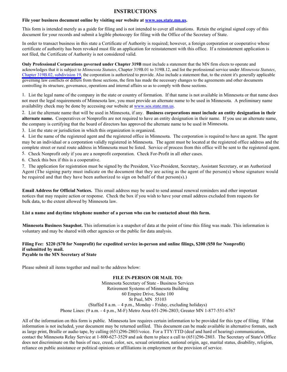 Foreign Corporation or Cooperative Certificate of Authority to Transact Business in Minnesota - Minnesota, Page 4