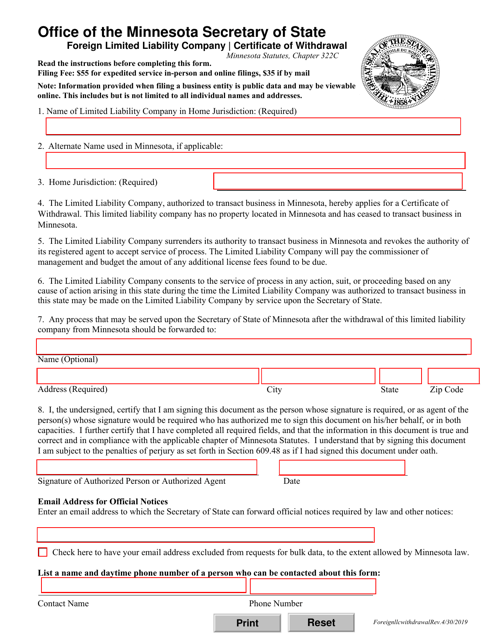 Foreign Limited Liability Company Certificate of Withdrawal - Minnesota Download Pdf