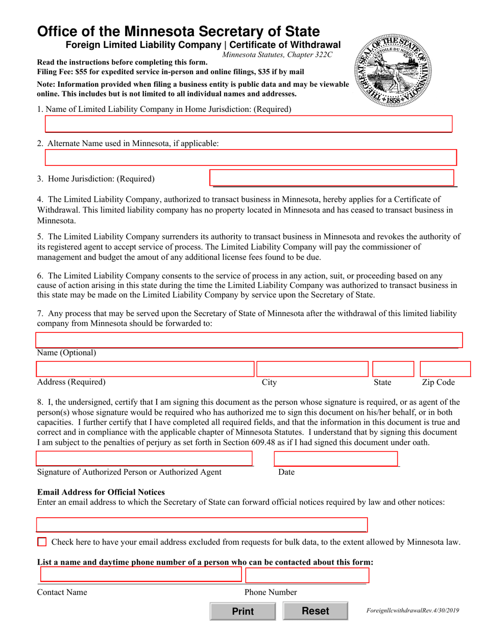 Foreign Limited Liability Company Certificate of Withdrawal - Minnesota, Page 1