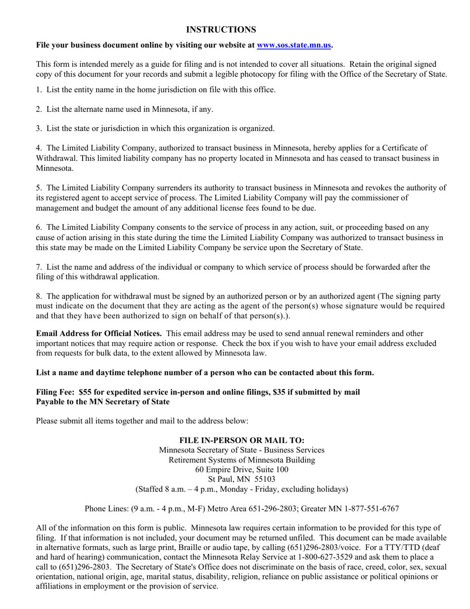 Foreign Limited Liability Company Certificate of Withdrawal - Minnesota, Page 2