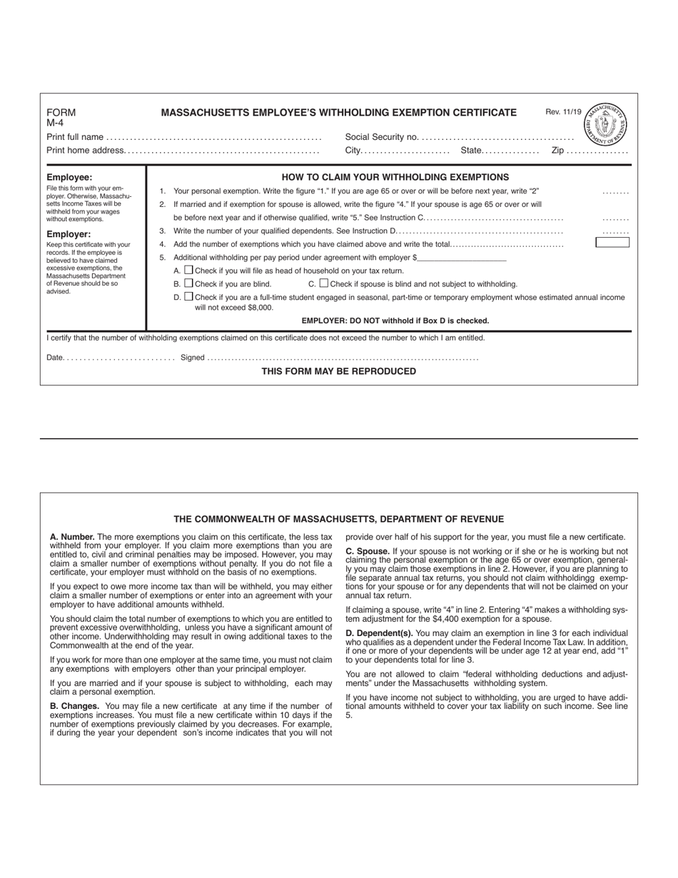 Form M 4 Download Printable Pdf Or Fill Online Massachusetts Employee S Withholding Exemption Certificate Massachusetts Templateroller
