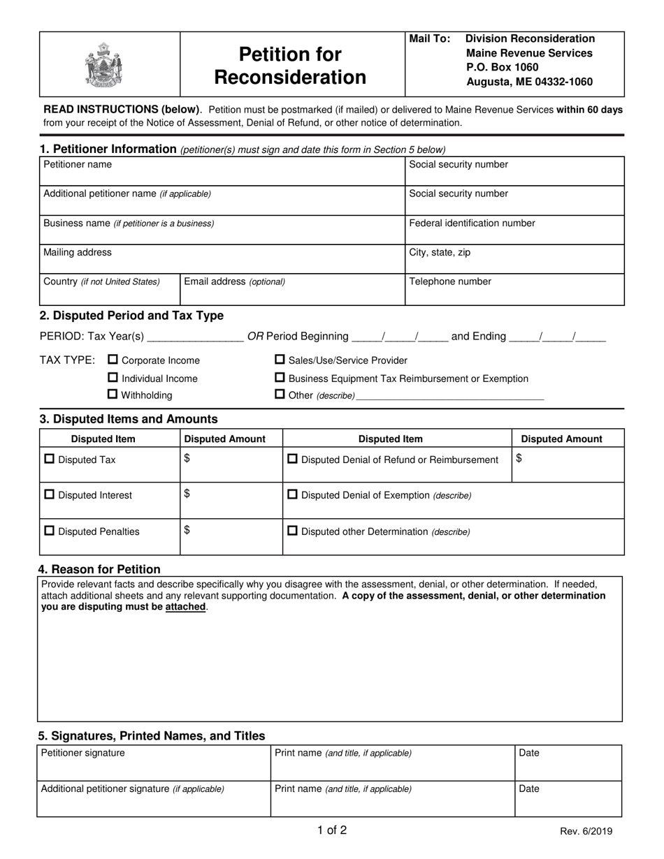 Maine Petition for Reconsideration Download Fillable PDF 2015 — 2024