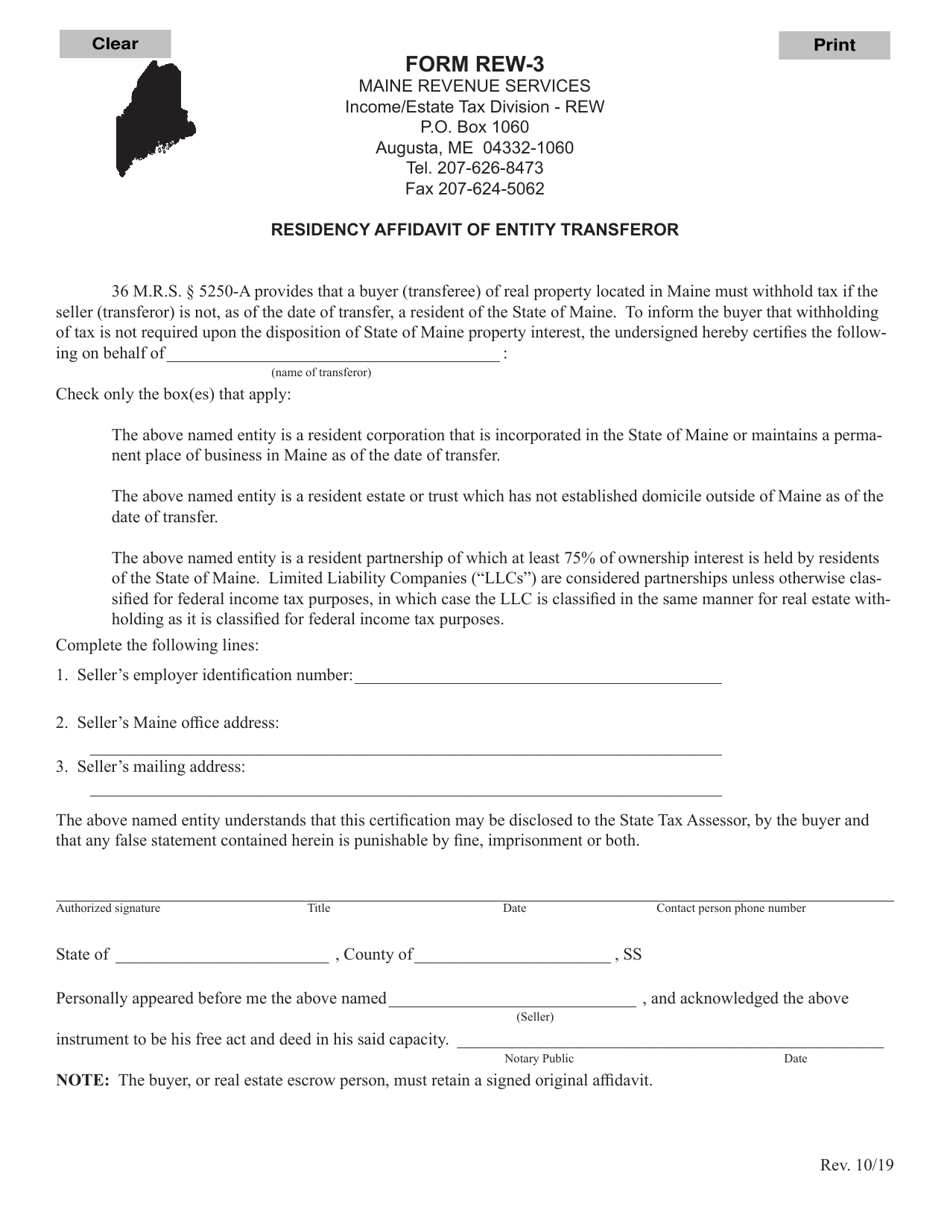 Form REW-3 Residency Affidavit of Entity Transferor - Maine, Page 1