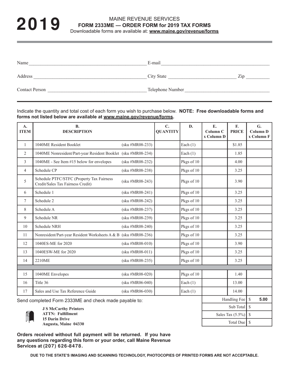 Order Form for 2019 Tax Forms - Maine, Page 1