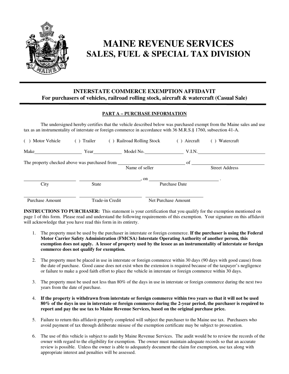 Form ST-A-110 Interstate Commerce Affidavit - Casual Sale - Maine, Page 1