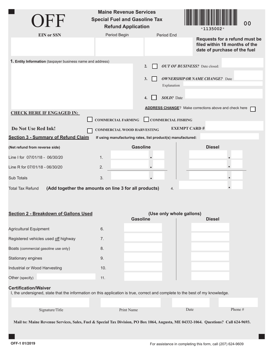 Form OFF-1 Special Fuel and Gasoline Tax Refund Application - Maine, Page 1