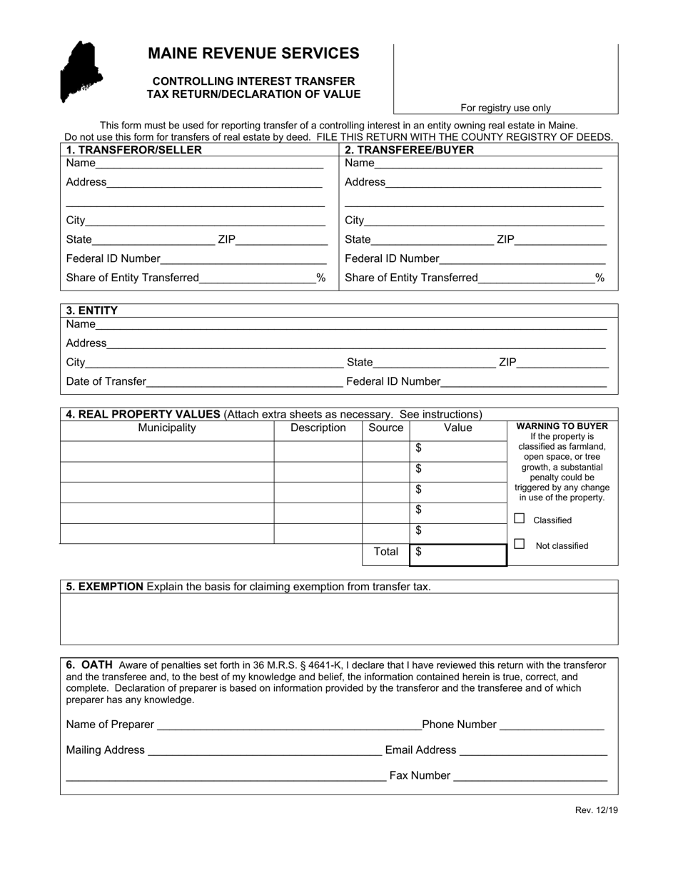 Controlling Interest Transfer Tax Return / Declaration of Value - Maine, Page 1