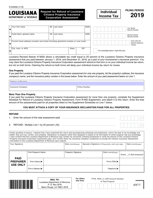 Form R-540INS Request for Refund of Louisiana Citizens Property Insurance Corporation Assessment - Louisiana, 2019