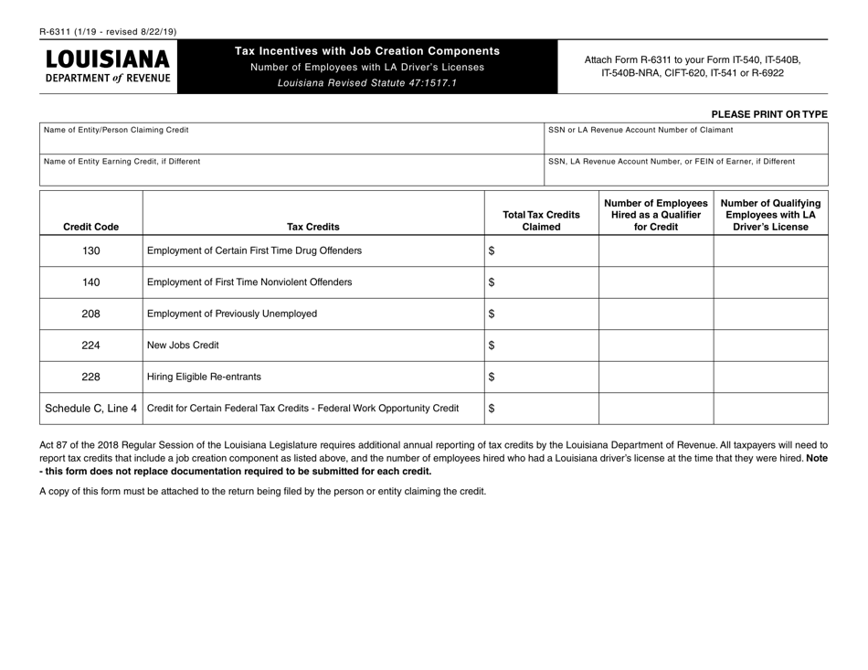 Form R-6311 Tax Incentives With Job Creation Components - Louisiana, Page 1
