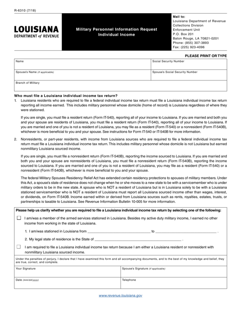 Form R-6310 Military Personnel Information Request Individual Income - Louisiana