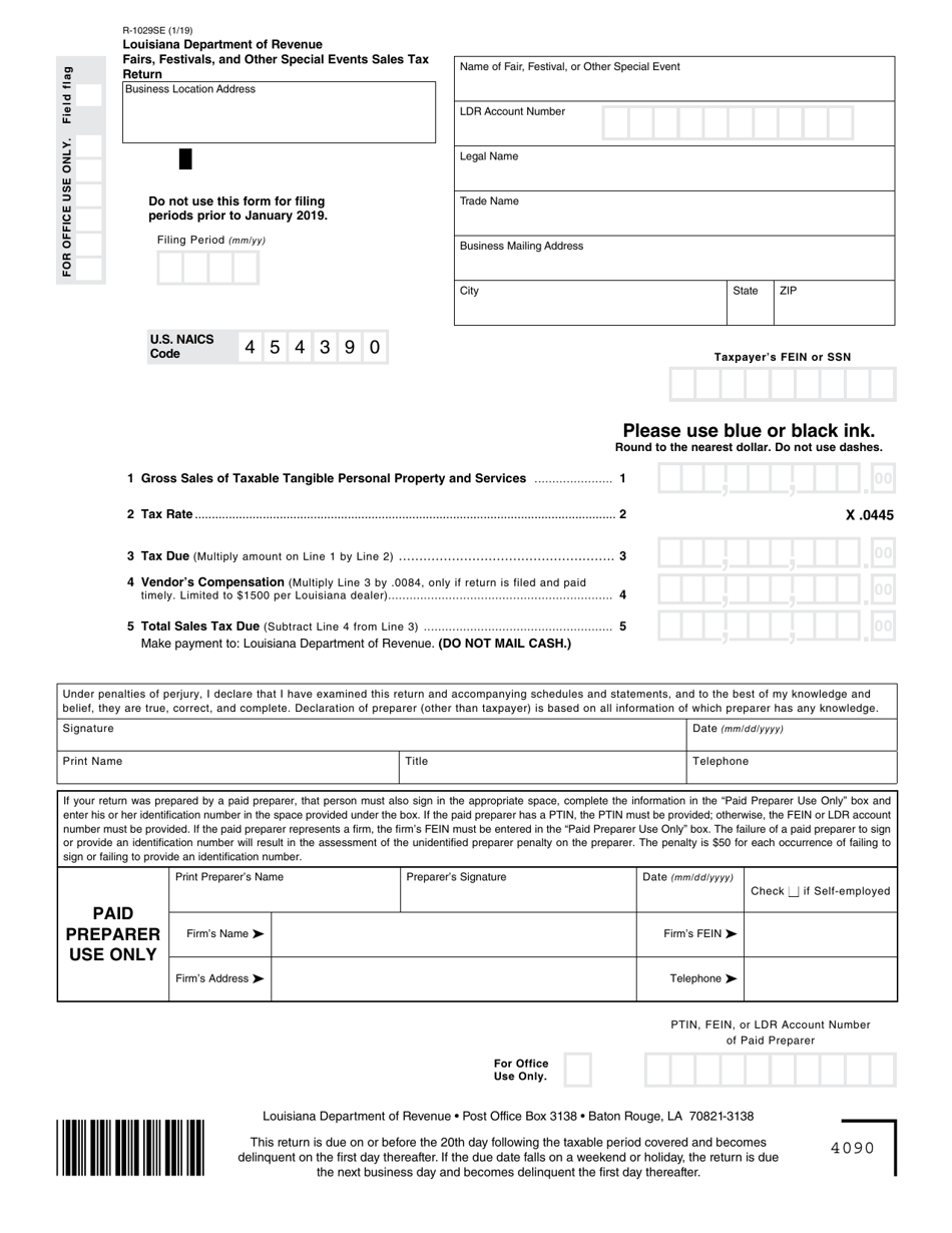 Form R-1029SE Fairs, Festivals, and Other Special Events Sales Tax Return - Louisiana, Page 1