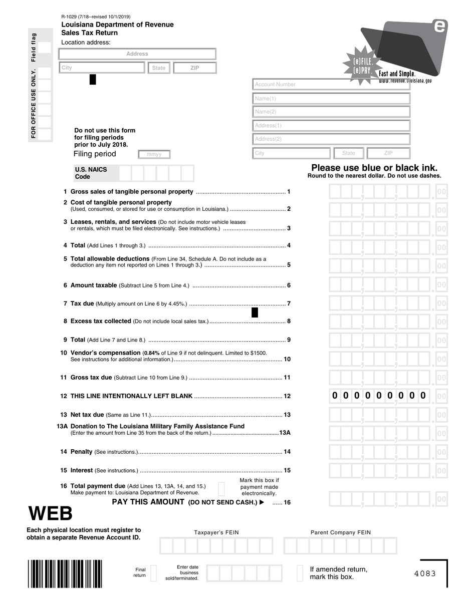 Form R-1029 Sales Tax Return - Louisiana, Page 1