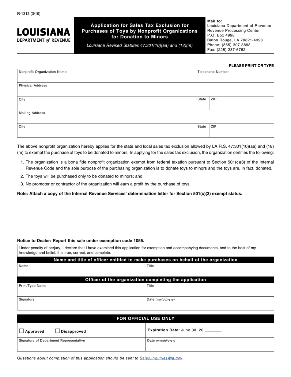 Form R-1313 Application for Sales Tax Exclusion for Purchases of Toys by Nonprofit Organizations for Donation to Minors - Louisiana, Page 1