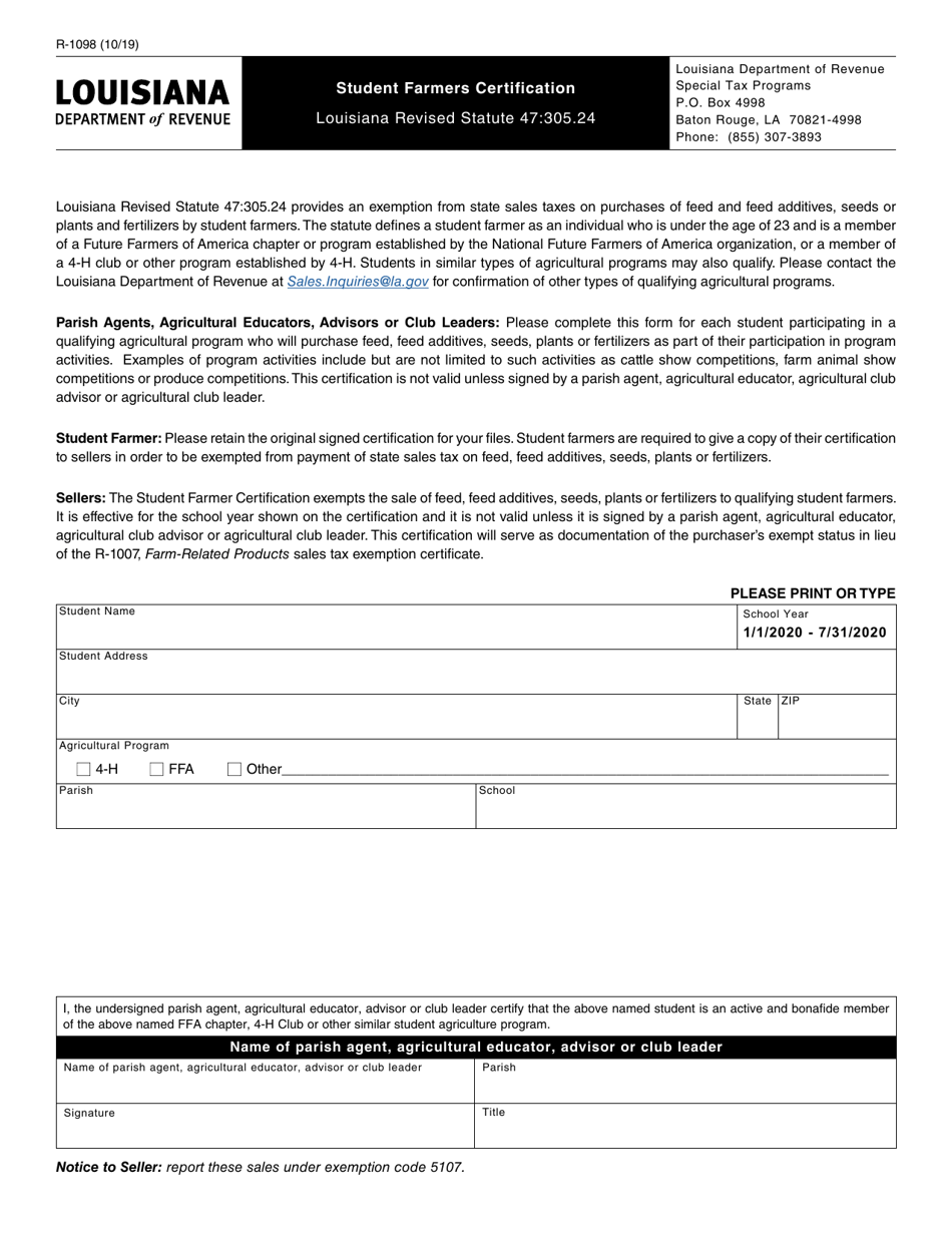 Form R-1098 Student Farmers Certification - Louisiana, Page 1