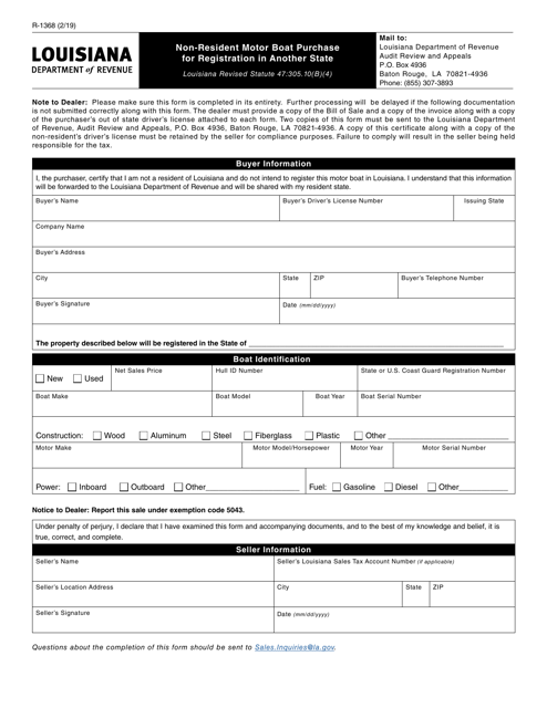 Form R-1368 Non-resident Motor Boat Purchase for Registration in Another State - Louisiana