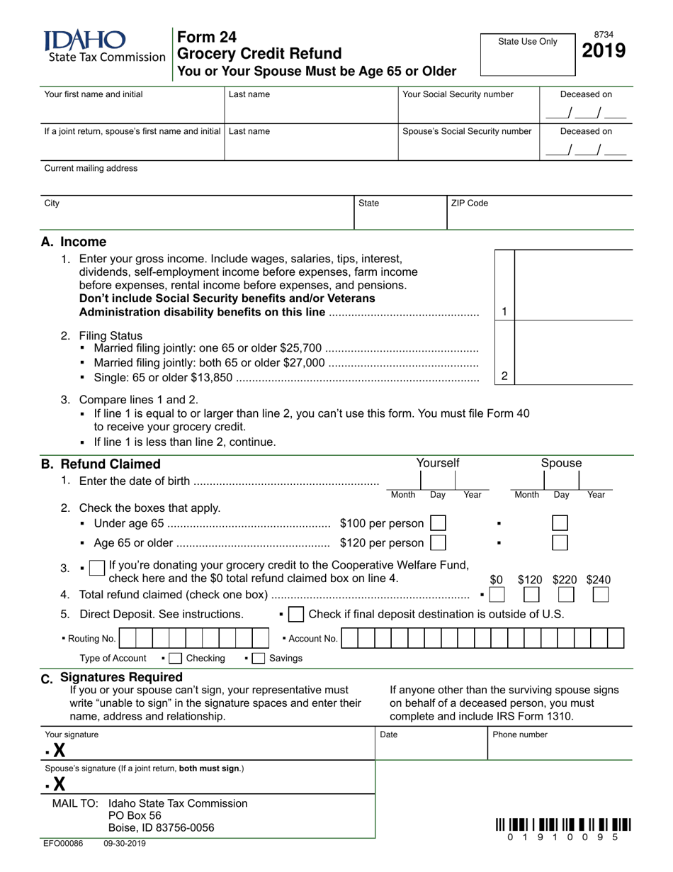 Form 24 (EFO00086) Grocery Credit Refund - Idaho, Page 1