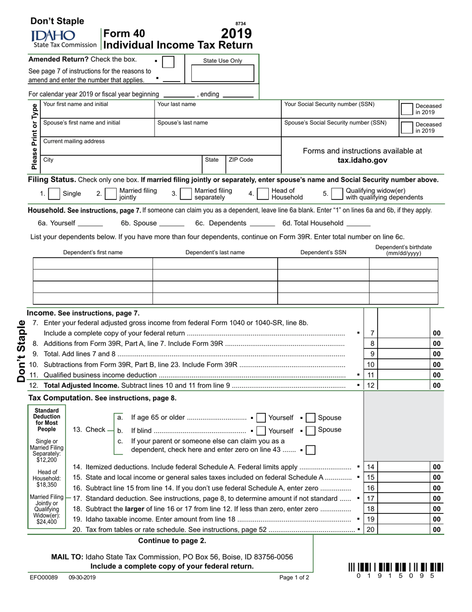 Form 40 (EFO00089) Individual Income Tax Return - Idaho, Page 1