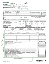 Form 43 (EFO00091) &quot;Part-Year Resident and Nonresident Income Tax Return&quot; - Idaho