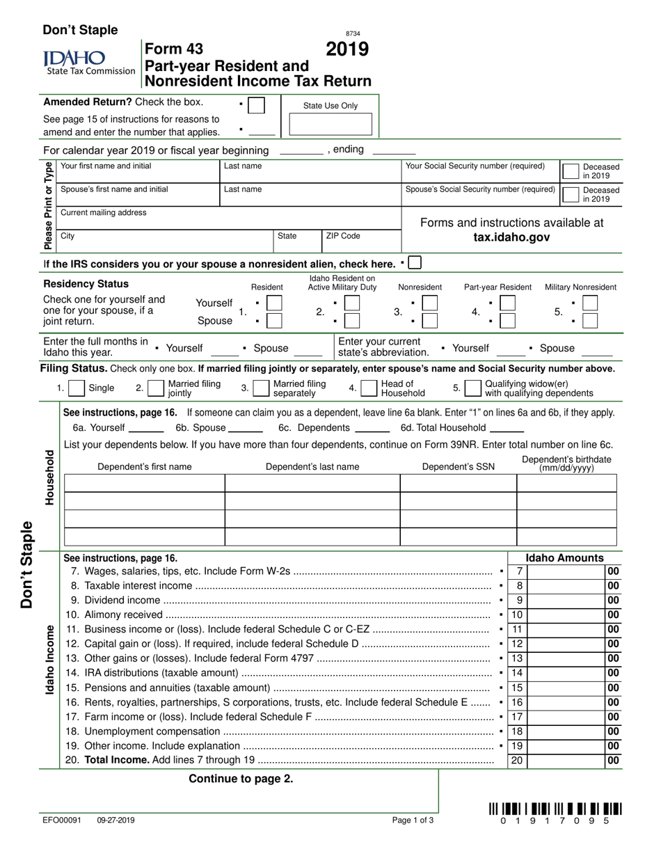 Form 43 (EFO00091) Part-Year Resident and Nonresident Income Tax Return - Idaho, Page 1