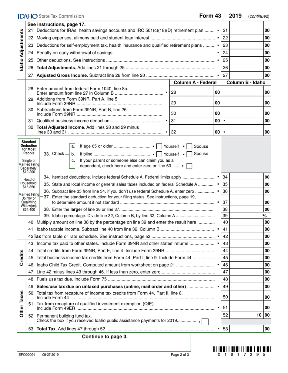 Form 43 (EFO00091) Part-Year Resident and Nonresident Income Tax Return - Idaho, Page 2