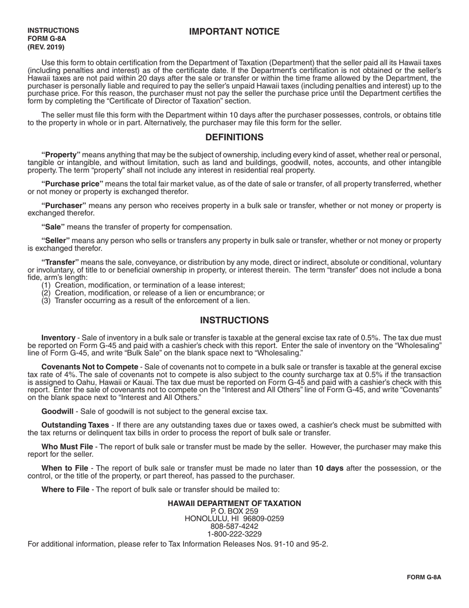 Form G-8A Report of Bulk Sale or Transfer - Hawaii, Page 2