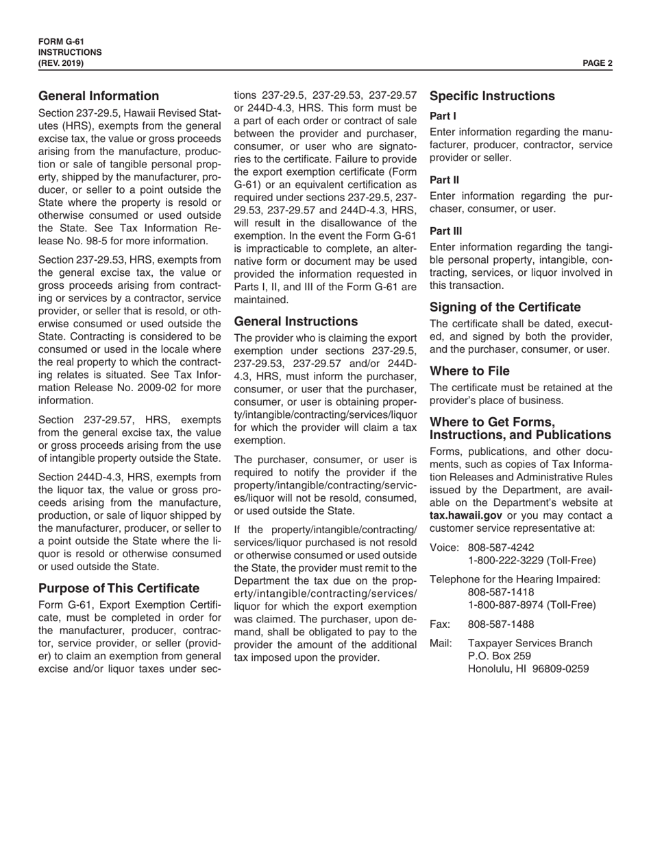 Form G-61 Export Exemption Certificate for General Excise and Liquor Taxes - Hawaii, Page 2