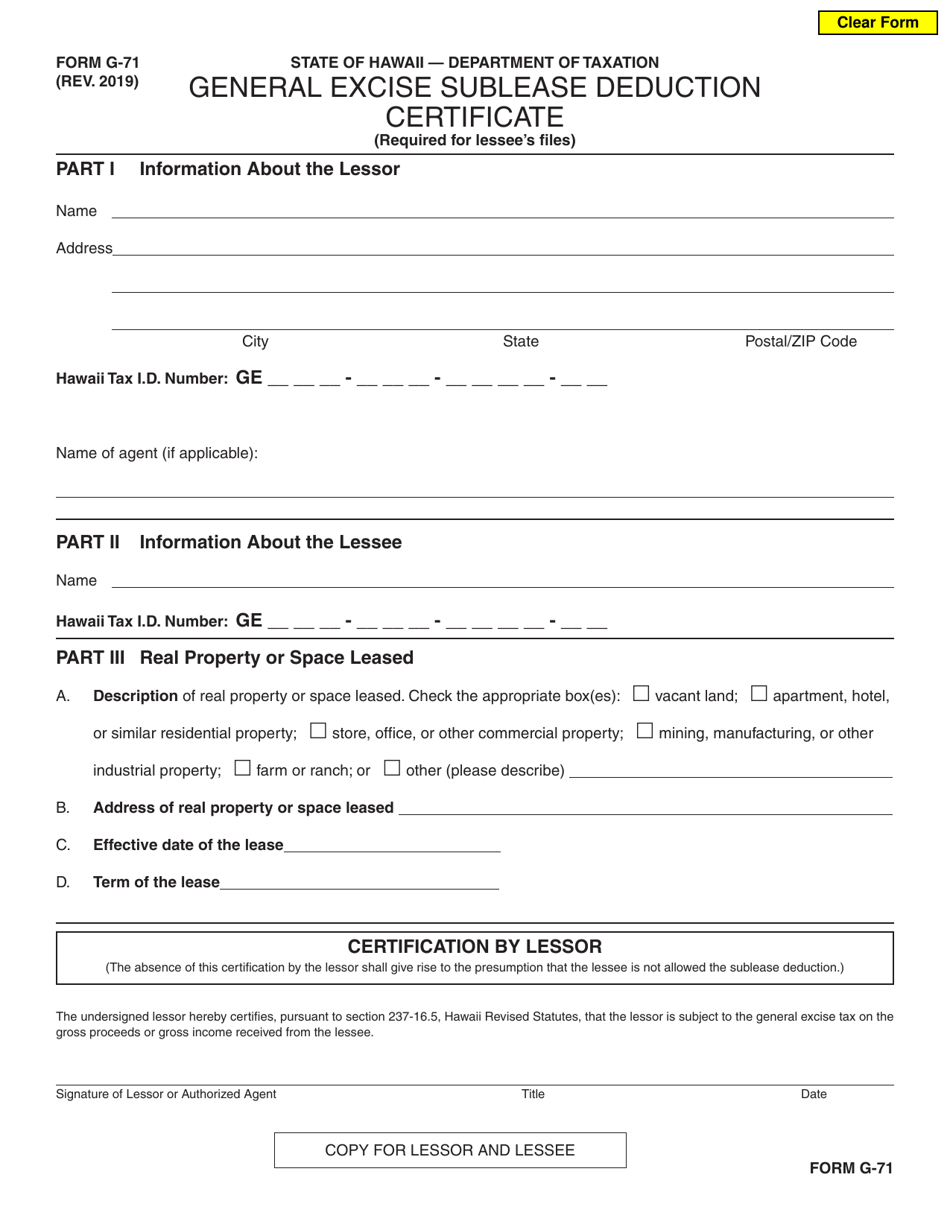 Form G-71 General Excise Sublease Deduction Certificate - Hawaii, Page 1