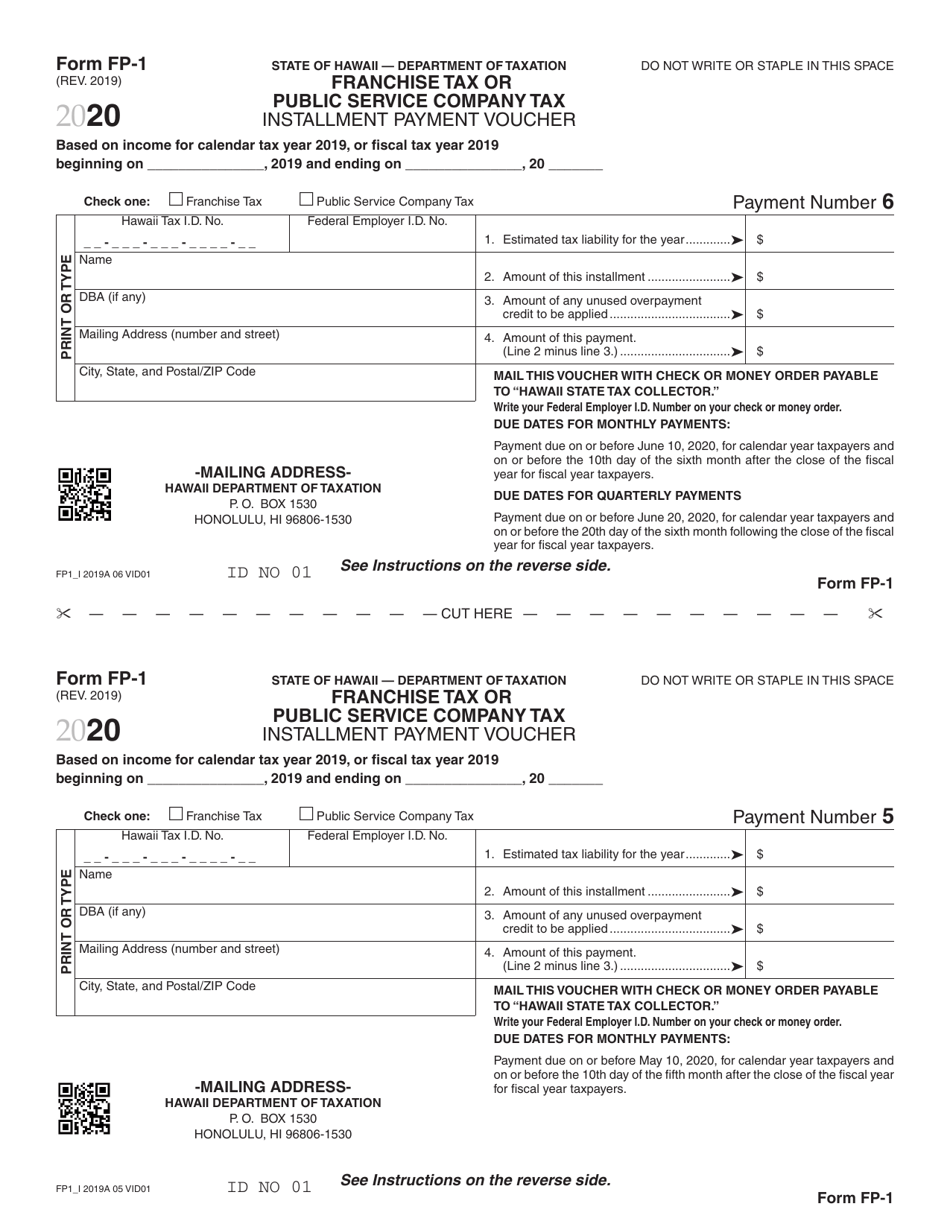 Form FP-1 Franchise Tax or Public Service Company Tax Installment Payment Voucher - Hawaii, Page 5