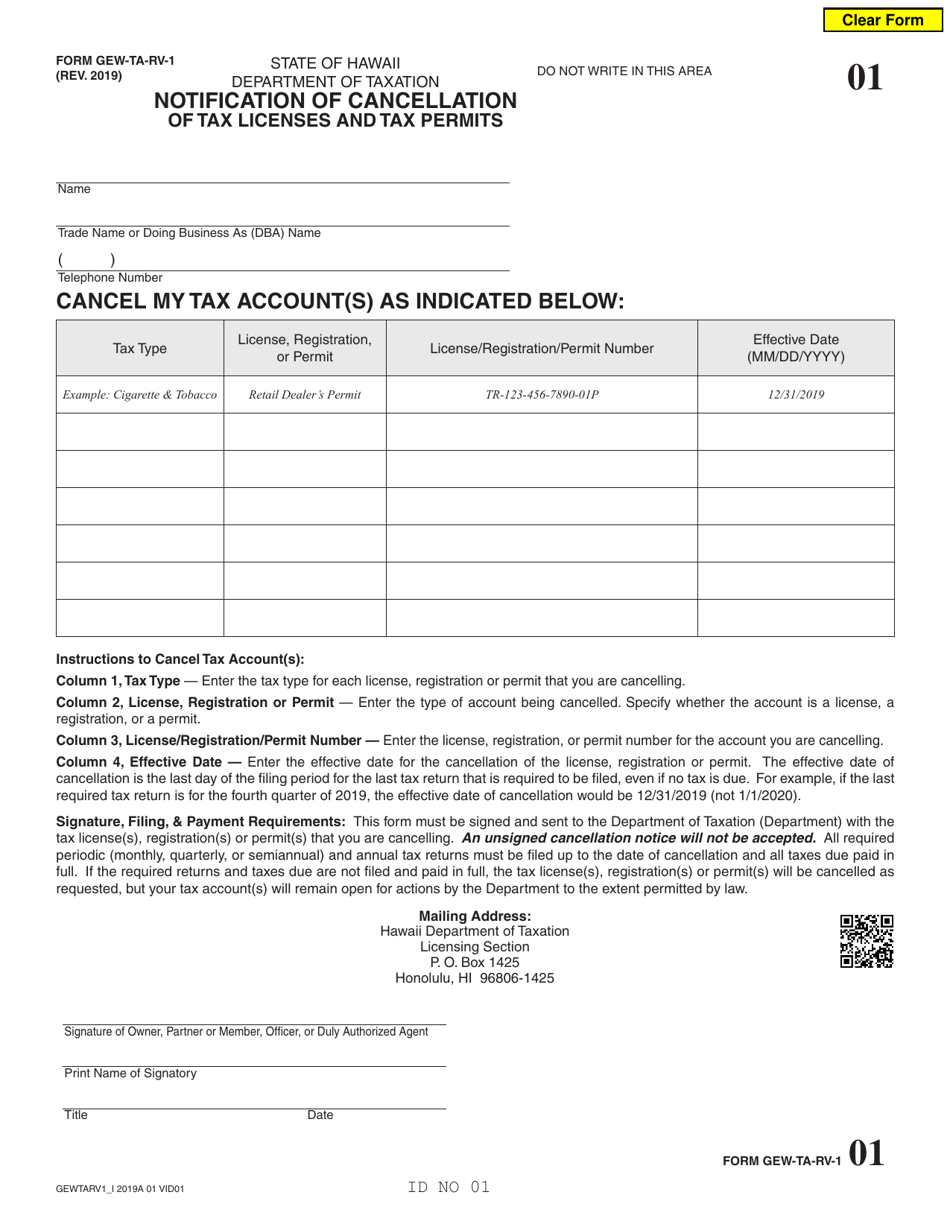 Form GEW-TA-RV-1 Notification of Cancellation of Tax Licenses and Tax Permits - Hawaii, Page 1